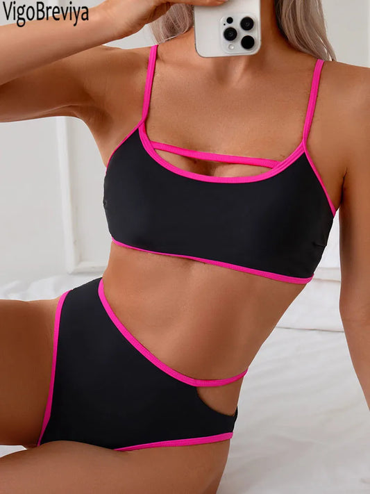 Women's Contrast-Trim Cut-Out Bikini Set