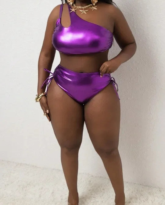 Plus Size Bikini Set Pure Color Foil Luminous Fabric Two Piece Swimsuit Women's Fashion Beachwear Swimwear