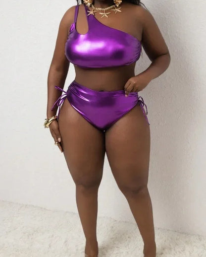 Plus Size Bikini Set Pure Color Foil Luminous Fabric Two Piece Swimsuit Women's Fashion Beachwear Swimwear