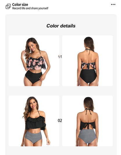 Swimwear Women Halter Ruffle Bikinis High-Waist Split Two-Piece Off Shoulder Swimsuit Pool Beachwear Bathing Suit Plus Size XXL