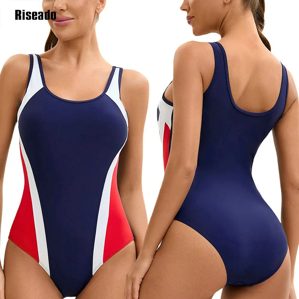 Women's Color Block One Piece Swimsuits U Back Athletic Training Swimwear Bathing Suits