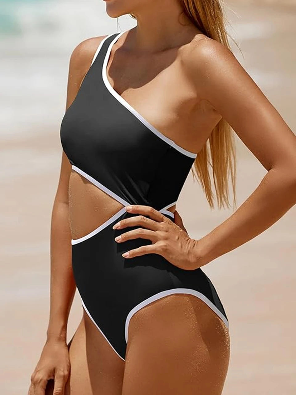 One Shoulder Solid One Piece Swimsuit Women Color Block Hollow Swimwear Female Bathers Bathing Swim Suit Padded Beachwear