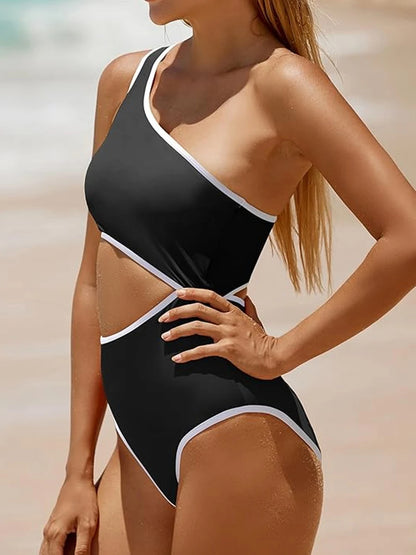 One Shoulder Solid One Piece Swimsuit Women Color Block Hollow Swimwear Female Bathers Bathing Swim Suit Padded Beachwear