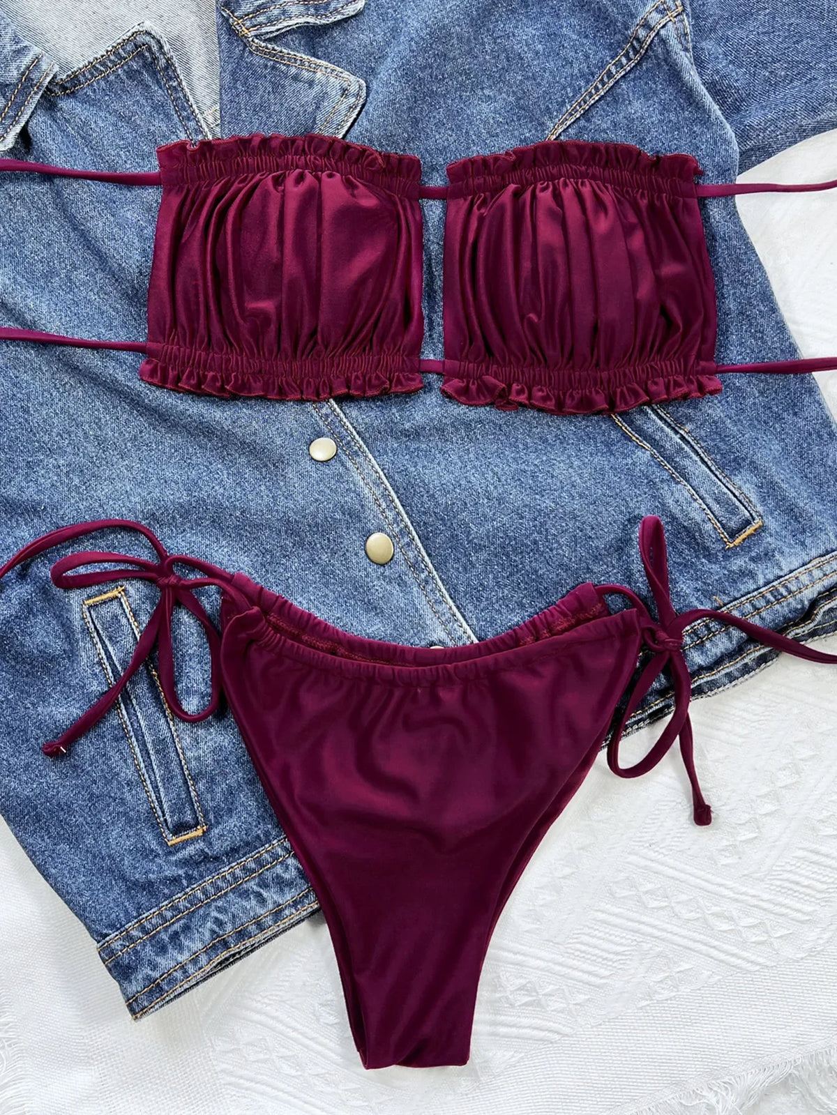 3 Colors Bikini Bandeau Women Swimwear Swimsuit Pleated Lettuce Trim Hollow Knotted Bikinis Set Bathing Suit Beach Bikini