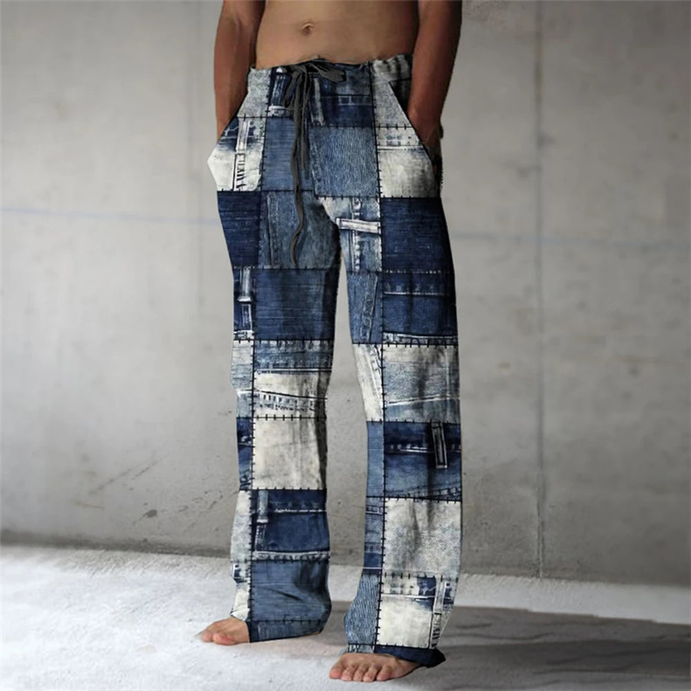 Plaid Color Block Men's Resort 3D Printed Casual Pants Trousers Elastic Waist Fit Straight-Leg Pant Summer Beach Pants 5XL