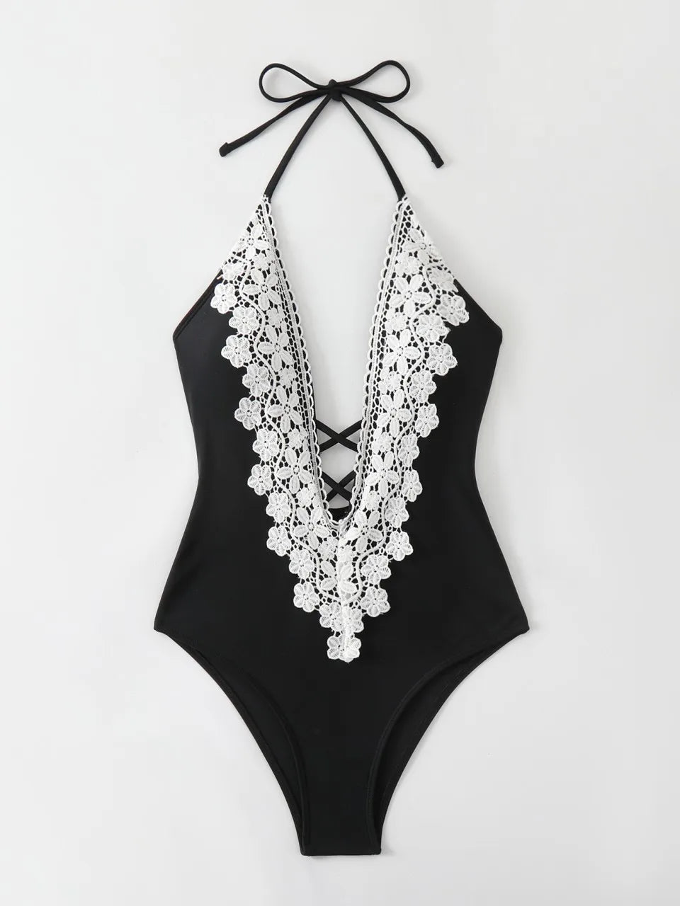 Halter String Swimsuit Women One Piece Black Lace Backless Swimwear Female Monokini Bathing Swimming Suit Beachwear