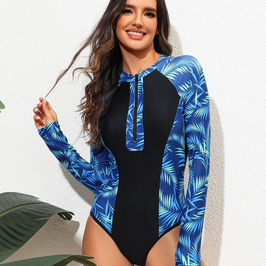 Rash Guard Women's Long Sleeve Zipper Snorkeling Swimsuit Patchwork Design Swimwear Bathers