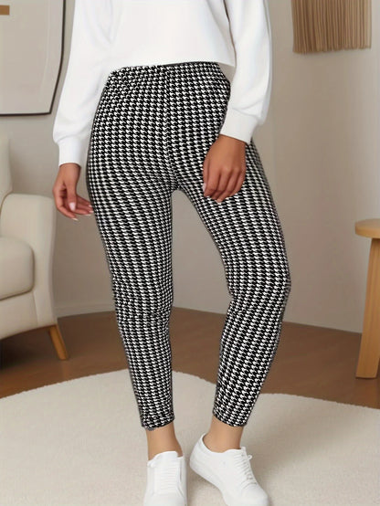 Plus Size Elastic Casual Leggings Sports Tight Pants Thousand Bird Plaid Comfortable Soft Breathable Cropped Pants