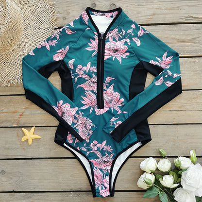 Zipper Surfing One Piece Swimsuit Long Sleeves Women Swimwear Bathing Suit Printed Female Swimsuit Vintage Beachwear