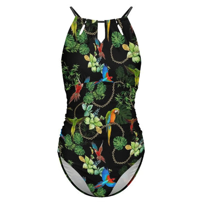 Gold Chains Print SwimsuitTropic Parrots Female Swimwear One Piece Vintage Swimsuits Beach Push Up Cut Out Bathing Suits