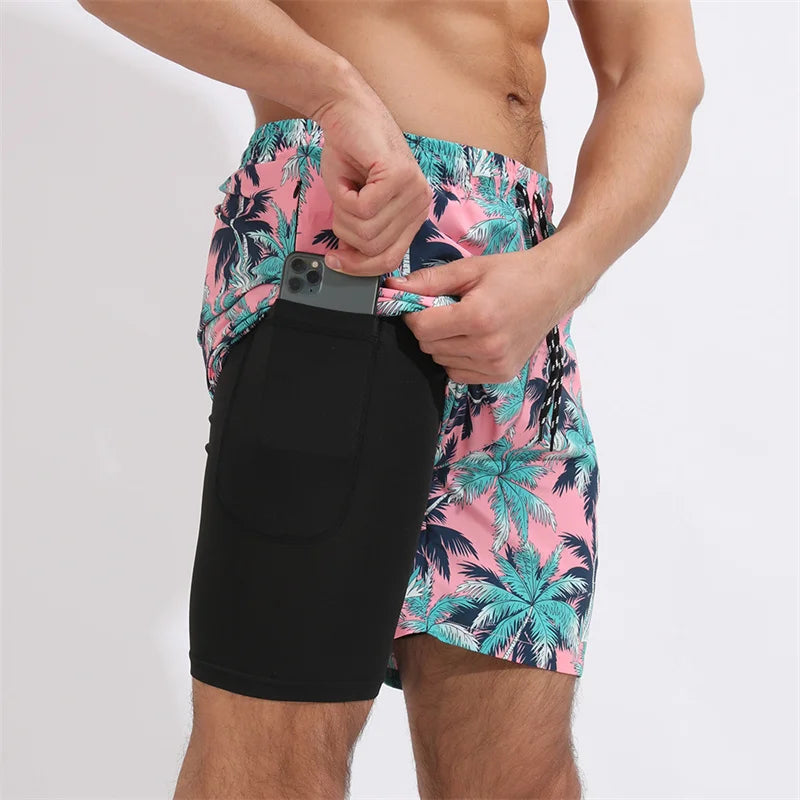 Men Swimwear Summer Gym Beach Shorts Male Quick Dry Sport Swimming Shorts Trunks Sexy Swimsuit 2 In 1 Man Board Shorts Beachwear