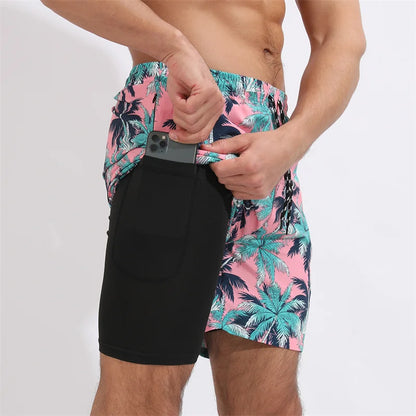 Men Swimwear Summer Gym Beach Shorts Male Quick Dry Sport Swimming Shorts Trunks Sexy Swimsuit 2 In 1 Man Board Shorts Beachwear