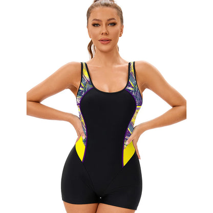 Womens One Piece Athletic Swimsuit Sleeveless Boyleg Bodysuit Color Block Sport Swimwear Leotards Wetsuit Beach Bathing Suit