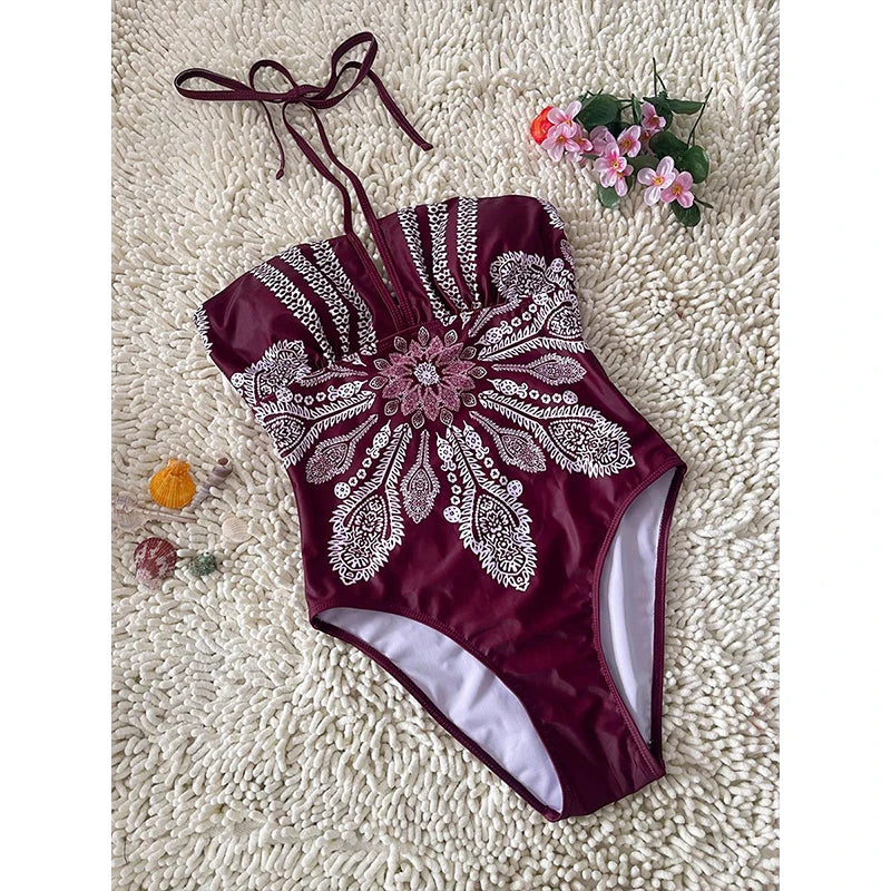 Women's Fashion Retro Printed One-piece Swimsuit Neck Hanging Backless Swimming Suit Summer Pool Beach Holiday Swimwear