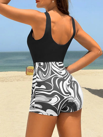 Blue or Black Patchwork Sleeveless Swimsuit Women One Piece Swimwear Female Bathers Bathing Swimming Swim Suit Summer Beachwear
