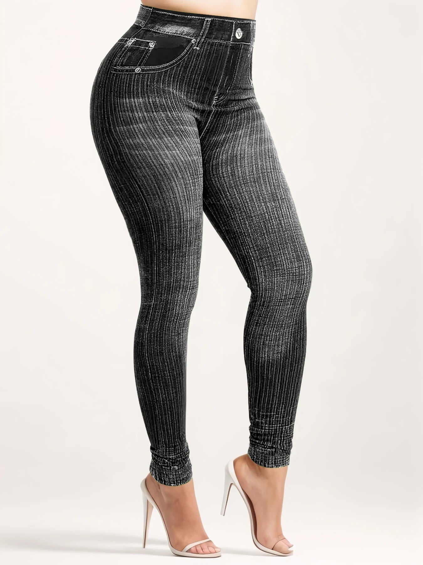 Plus size women's leggings with denim print and line pattern, showcasing a fashion-forward and casual high-stretch knitted pants