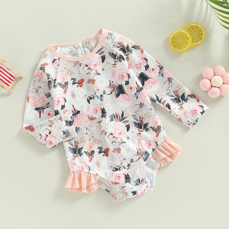 0-4Y Toddler Baby Girl Swimsuit Romper 4 Colors Flower Print Long Sleeve Ruffle Bikini Bathing Suit