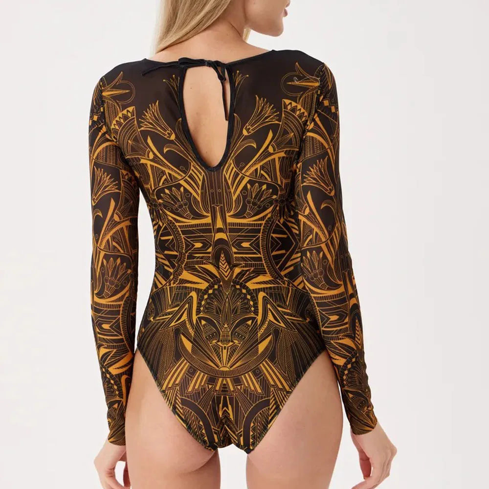 Women's Retro Print Scoop Neck Padded Long Sleeve One Piece Swimsuits High Cut Bathing Suits Swimwear Bodysuit