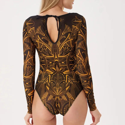 Women's Retro Print Scoop Neck Padded Long Sleeve One Piece Swimsuits High Cut Bathing Suits Swimwear Bodysuit