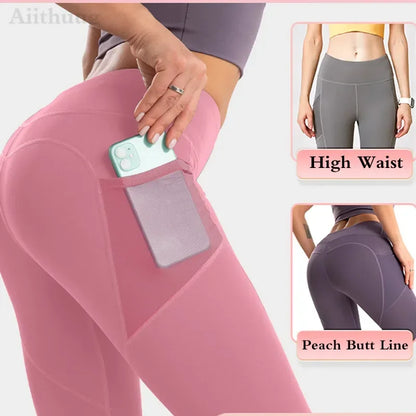 Pockets Yoga Leggings Peach Butt Lifting Yoga Legging High Waist Tummy Control Gym Leggings Running Jogging Pants