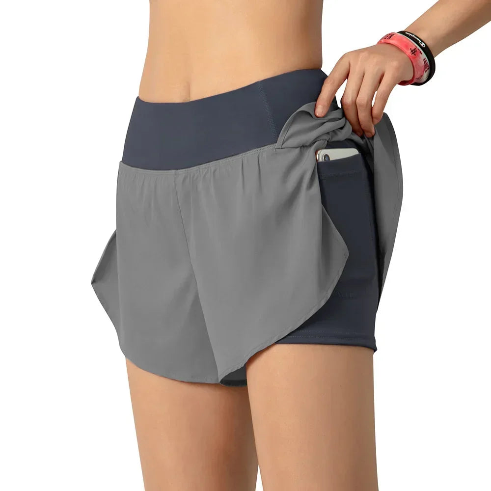 Women Running Shorts 2-in-1 with Pocket Wide Waistband Coverage Layer Liner Lounging Sports Yoga Leggings Gym Fitness Shorts