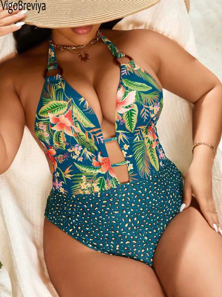 Women's Plus-Size V-Neck Cut-Out Halter One-Piece Swimsuit