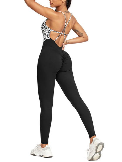 Leopard Print Jumpsuit Women's Patchwork Crisscross Backless Bodysuit Fitness Sleeveless Yoga Set Fashion Female Clothing