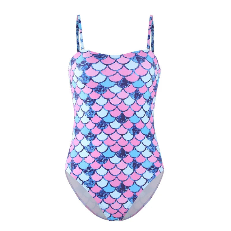 Women Mermaid One-Piece Swimsuit Fish Scale Printed Camisole Bodysuit Slim Triangular Swimwear Beach Wear