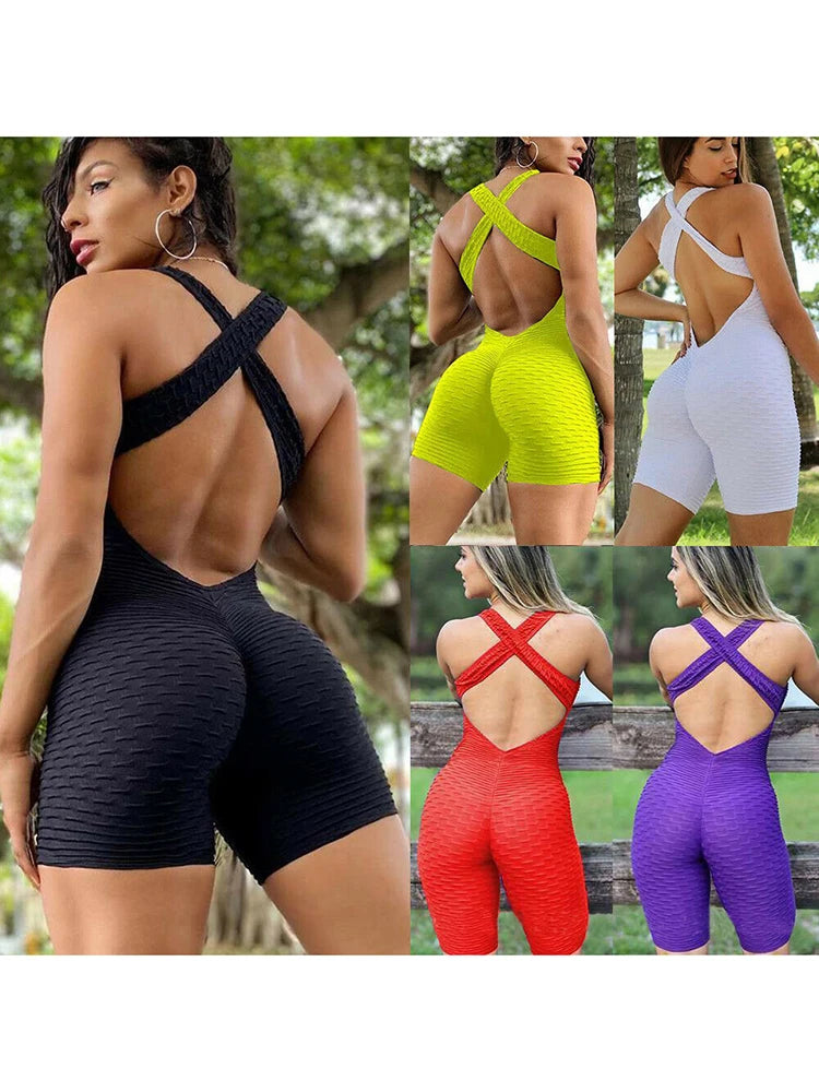 BWQ Women's Sports Suit Sleeveless Backless Jumpsuits Costume Quick Dry Gym Bodysuit Tracksuit Fitness Tights Scrunch Leggings