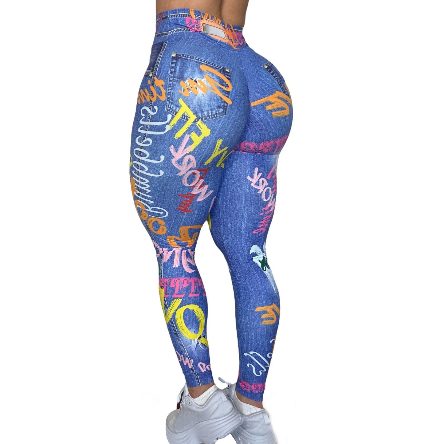 Women Semales Slim Legging Imitation Denim Printed High Waist Yoga Pants