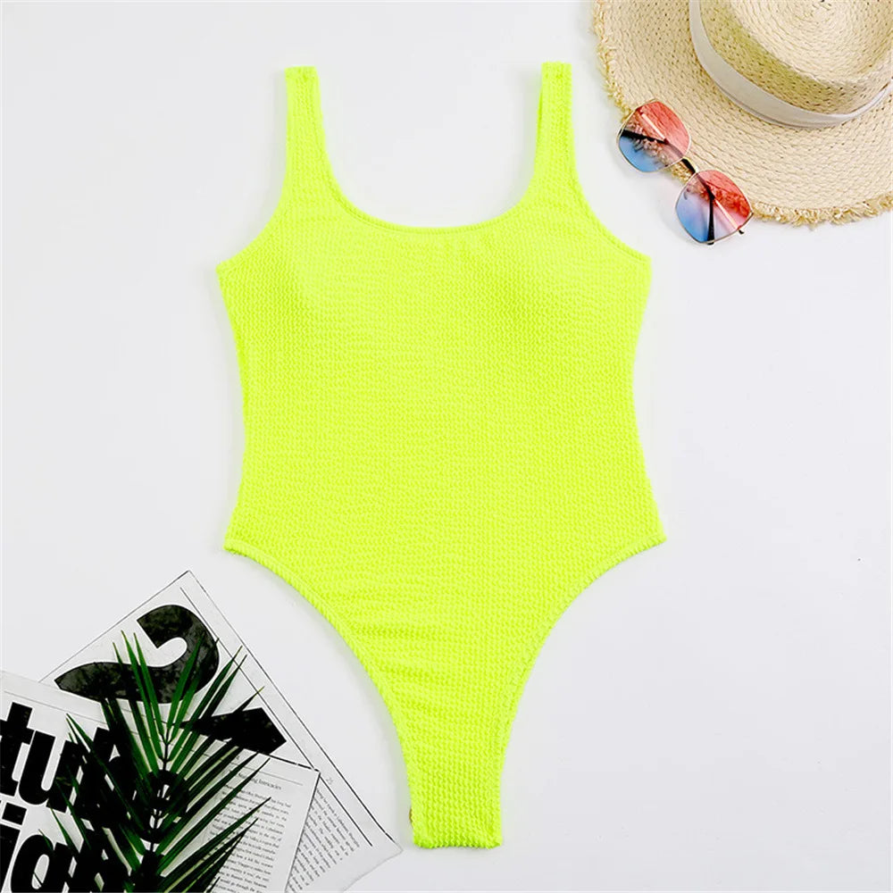 Fluorescent Crinkle Cloth Swimsuit for Women, Special Fabric Bikini, Candy Color, European and American