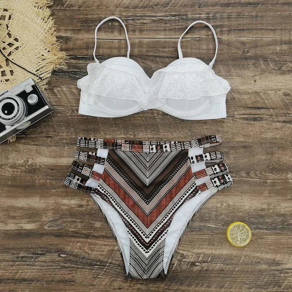 Leaf Print Bikini Female Swimsuit Women Swimwear Thong Push Up Bikinis Set High Waist Swimming Suits for Bathing Suit