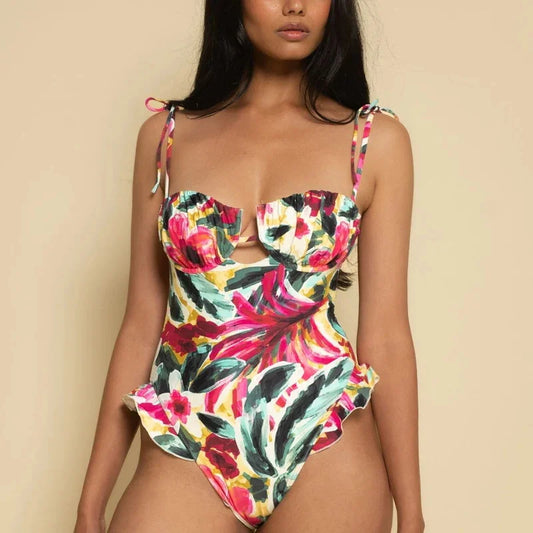 Bandeau Ruffle Women One Piece Swimsuit Female Swimwear Solid Push Up Monokini  Bathing Suit Backless Beachwear