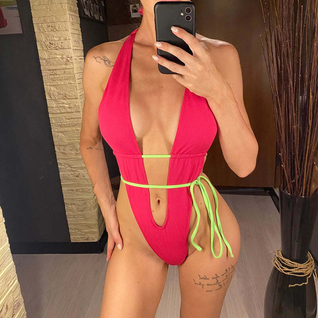 Deep V Neck Backless High Leg Cut Women Swimwear One Piece Swimsuit Female Wrap Around Monokini Bather Bathing Suit Swim