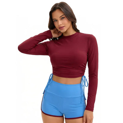 Long Sleeve Swimsuits for Women Bathing Suit Rash Guard Modest Surf Two  Piece High Neck Swimwear Block Colors with Boyleg