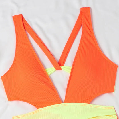 Patchwork Solid Swimwear Women Strapped One Piece Swimsuit Beach Lady Monokini Backless Hollow Bathing Suit