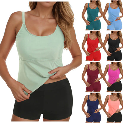 Women Tankini Conservative Swimsuits Two Piece Summer Crew Neck Cover Tummy Tops Flat Angle Plain Wrap Hip Fast Dry Shorts