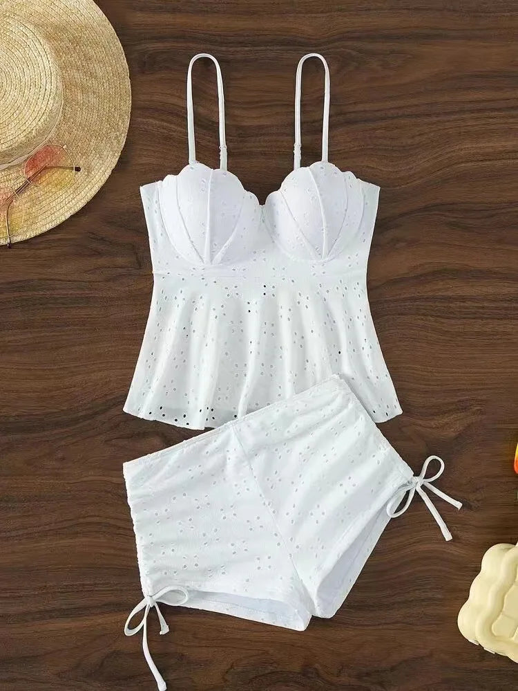Women's Bathing Suit Two Pieces Push Up Tankini Set Summer Beach Wear White High Waisted Swimwear Women Swimsuit Shorts