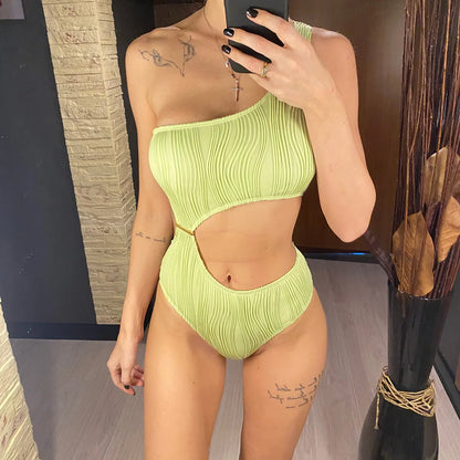 Asymmetric Cut Out Wrinkled One Piece Swimsuit Women Swimwear Female One Shoulder Padded Bather Bathing Suit Swim Lady