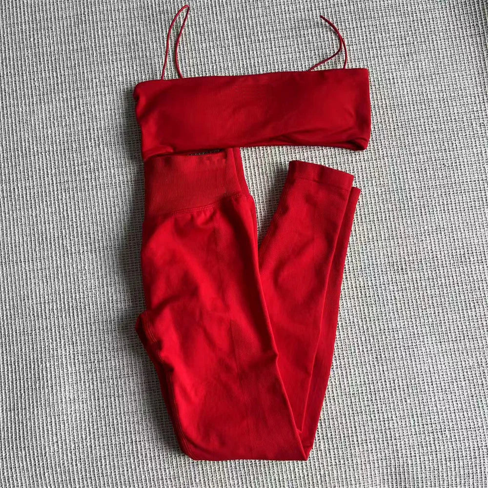 Mini Sports Bra for Women Yoga Set Backless Bandeau Strappy Gym Crop Top Seamless Scrunch Legging Workout Pant Active Wear