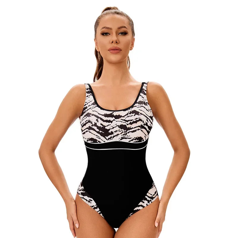 Black & White Print One Piece Swimsuit Women's Patchwork Monokini  U-neck Suspender Backless Beach Vacation Swimwear