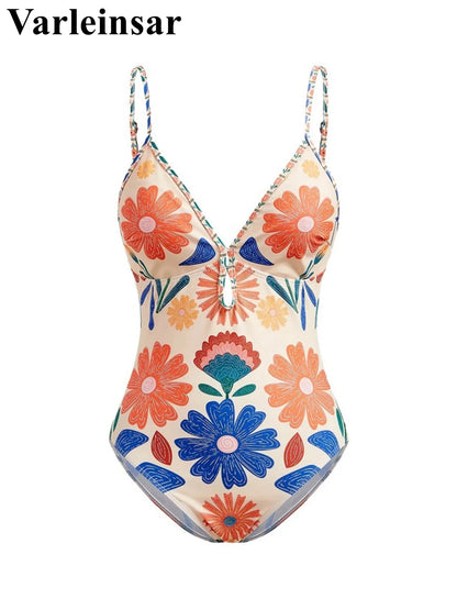 S - XL New Floral Printed With Skirt Women Swimwear One Piece Swimsuit Female V Neck High Leg Cut Bather Bathing Suit Swim V8041