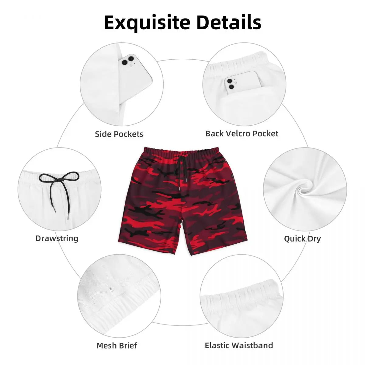 Men Board Shorts Red Camo Casual Swim Trunks Army Camouflage Breathable Sportswear Beach Short Pants
