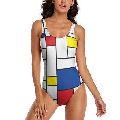 Geometric Art Swimsuit Yellow Brick Road Print One-Piece Swimwear Push Up Elegant Monokini Beach Pattern Swimsuits