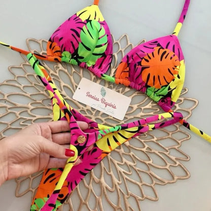 Bright Colorful Designs Women's Bikini Split Print Swimwear Fashion G-string Beach Holiday