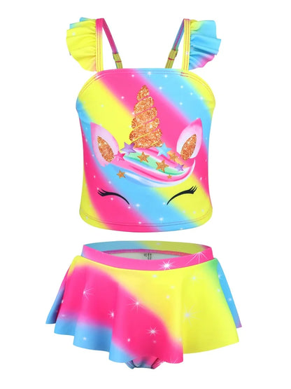 Bikini Girls Kids Swimsuit Rainbow Strips Ruffle Sling Children Swimwear Summing Bikinis Short Skirt Beach Bathing Suit