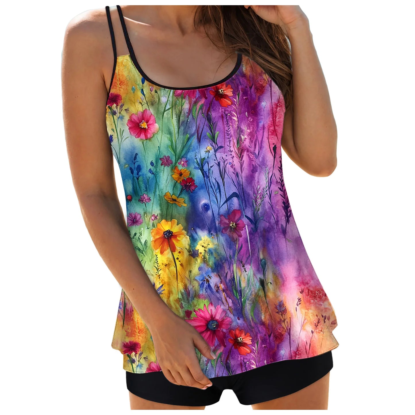 Women's Floral Print Tankini Swimwear Double Stretch Spaghetti Strap Cover Tummy Crew Neck Conservative Tops Slim Tight Shorts