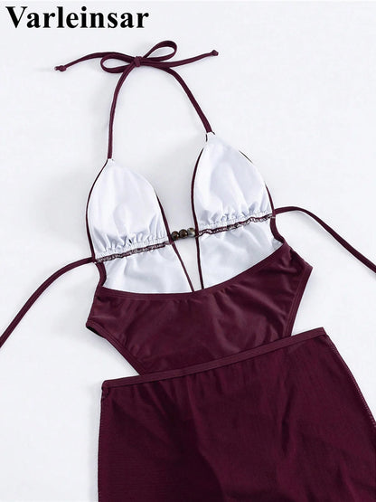 Skirt Halter Deep V Neck Women Swimwear One Piece Swimsuit Female High Leg Cut Backless Bather Bathing Suit Swim