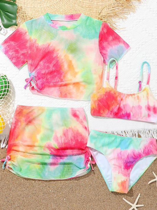 4 Pieces Bikinis Set Top & Skirt Girls Swimsuit Kids Swimwear Female Children Bathers Bathing Swimming Swim Suit Beachwear