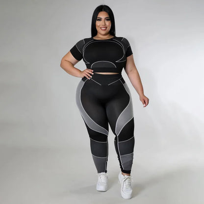 Plus Size Sets Women's Clothes Tracksuit Short Top and Pant Two Piece Sets Gym Joggers Sports Outfits High Elastic Yoga Set